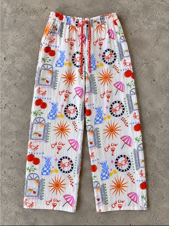 Cynthia Rowley Pants - Cynthia Rowley 100% Linen Wide Leg Pants Mediterranean Print Woman XL Pockets